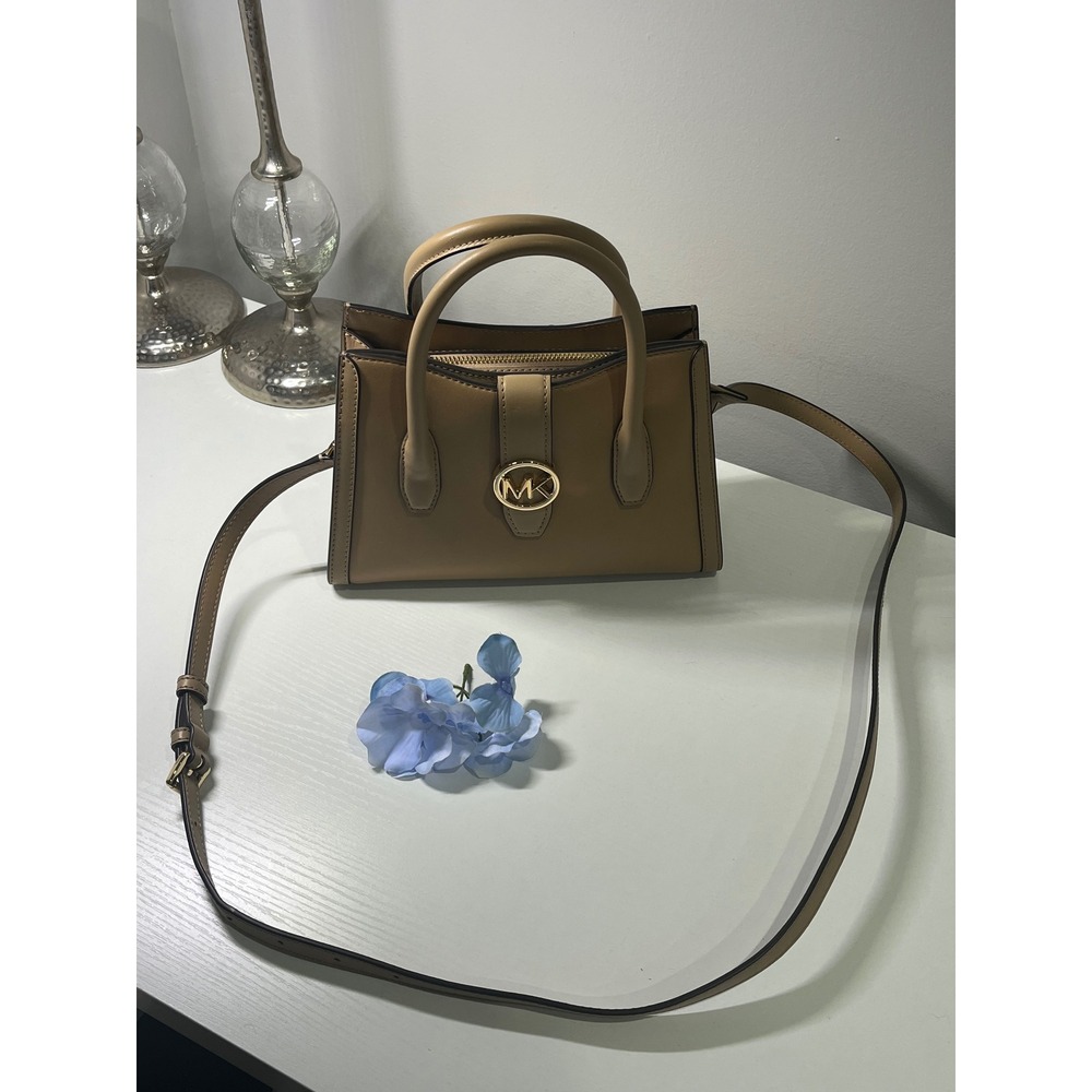Michael Kors Tan Satchel Crossbody Bag‎ Gold Logo Medallion Handbag